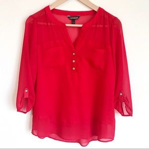 Express Red 3/4 Sleeve Partially Sheer Blouse - S